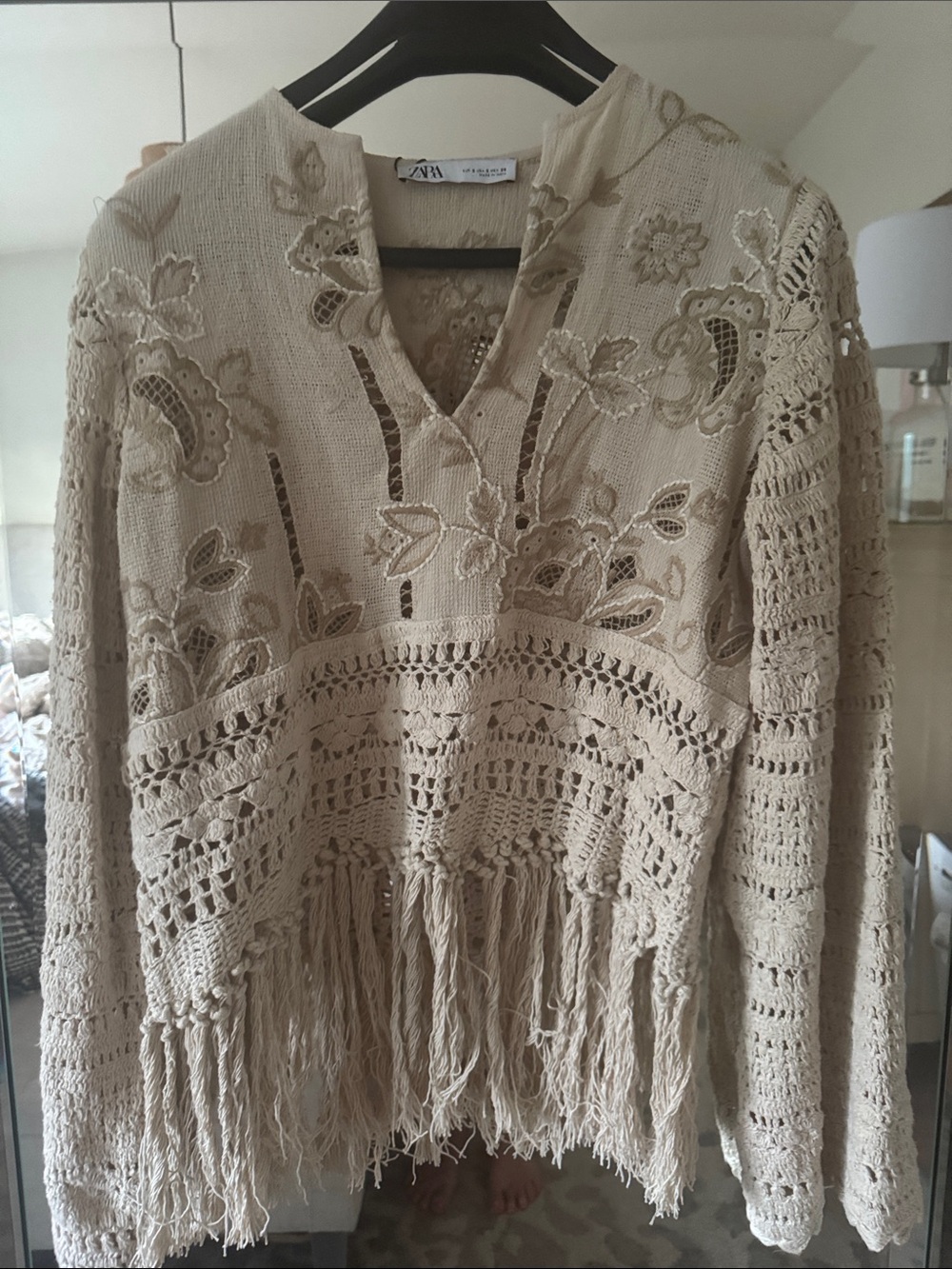 Zara Neutral Crochet Fringe V-Neck Tunic